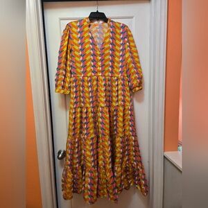 Briton Court Bright Multicolor Midi Dress with V-Neck